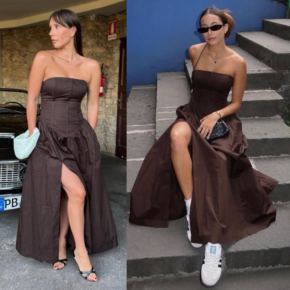 LPA Giana Strapless Boned Bodice Cotton Dress Chocolate Brown NEW with tags - Picture 10 of 13